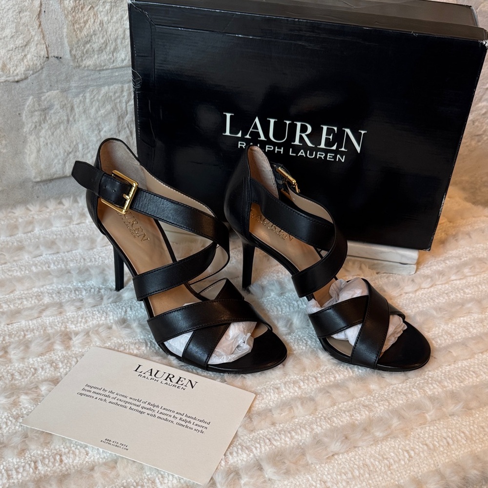 Lauren Ralph Lauren Black Leather Crisscross Strappy Heels - Picture 2 of 7